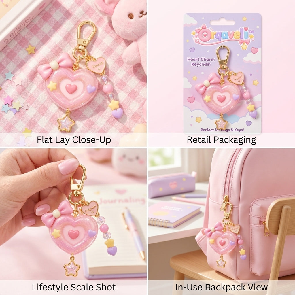 Orqaveli™ Pastel Pink Glitter Heart Bag Charm, Kawaii 3D Bow &amp; Beaded Keychain Accessory