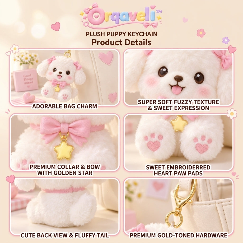 Orqaveli™ Fluffy White Puppy Plush Bag Charm &amp; Keychain with Pink Bows and Gold Star Accent