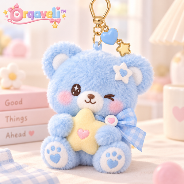 Orqaveli™ Baby Blue Winking Bear Plush Keychain – Cute Fluffy Bag Charm with Star Pillow &amp; Heart Paws
