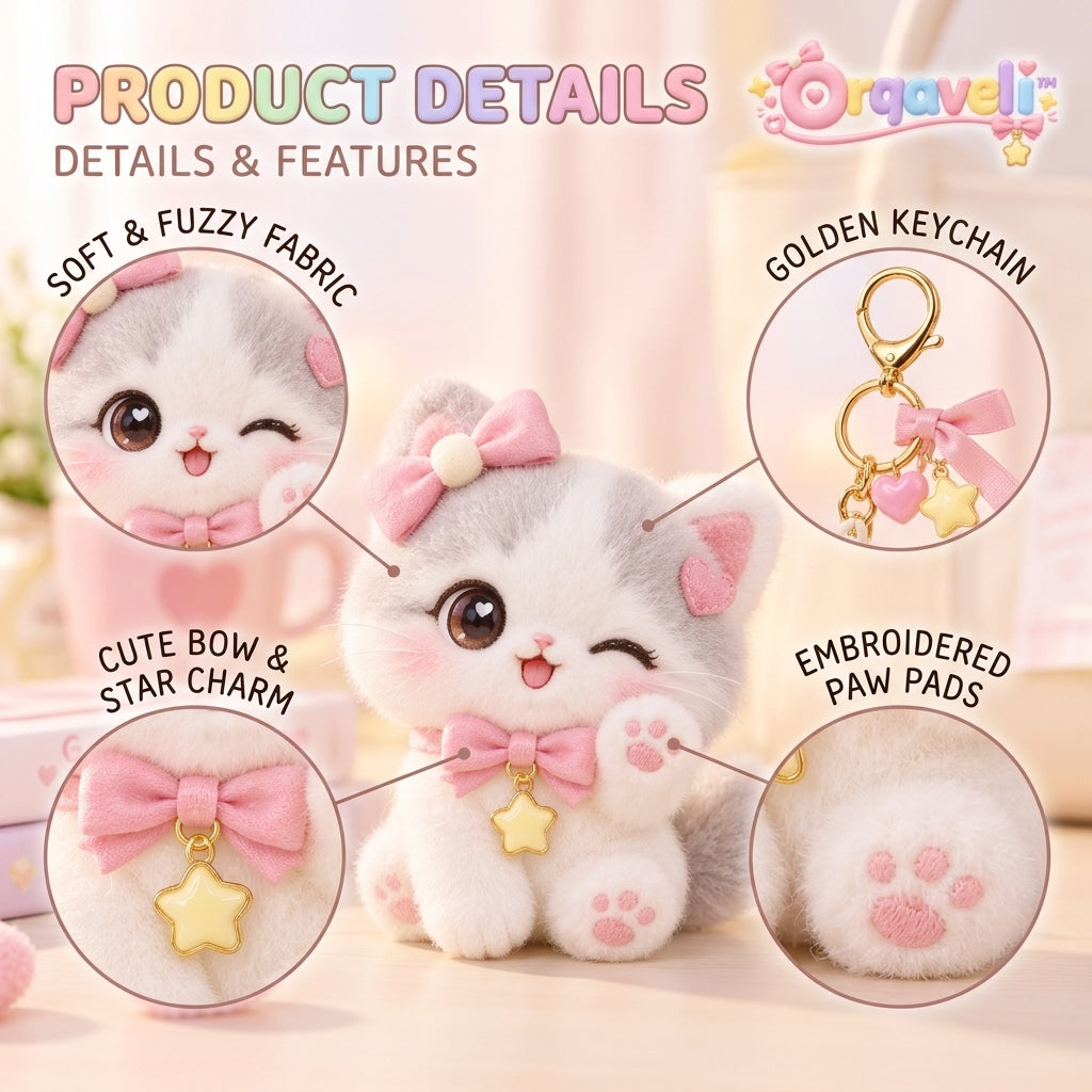 Orqaveli™ Fluffy Winking Kitty Plush Bag Charm &amp; Keychain with Pastel Pink Bows and Star Charms