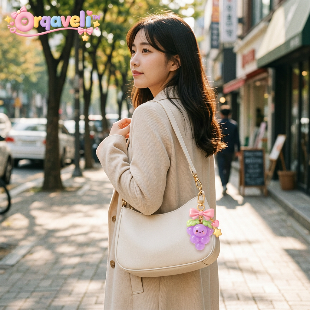 Orqaveli™ Sweet Grape Bag Charm – Kawaii Fruit Keychain with Sparkling Pink Bow, Heart &amp; Star Charm