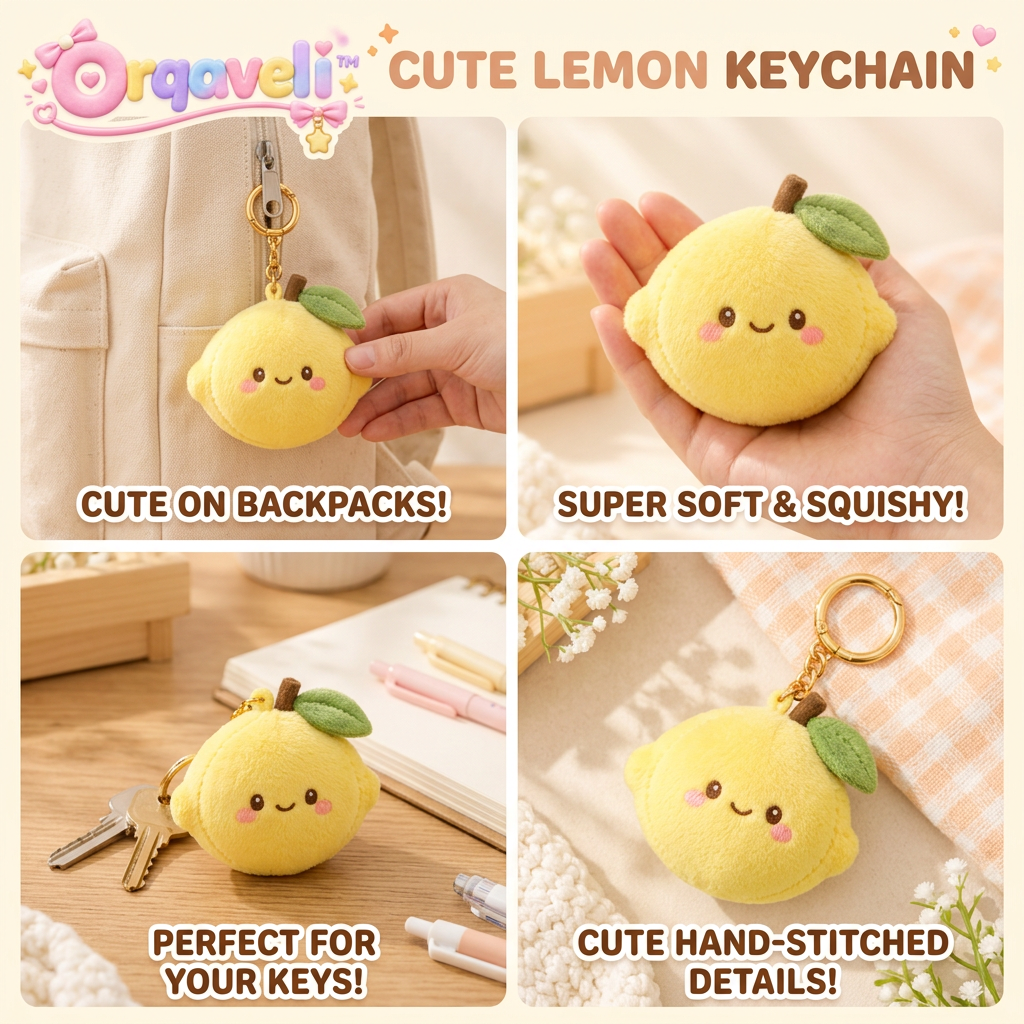 Orqaveli™ Cute Plush Lemon Keychain – Kawaii Stuffed Fruit Bag Charm with Gold Ring Clip