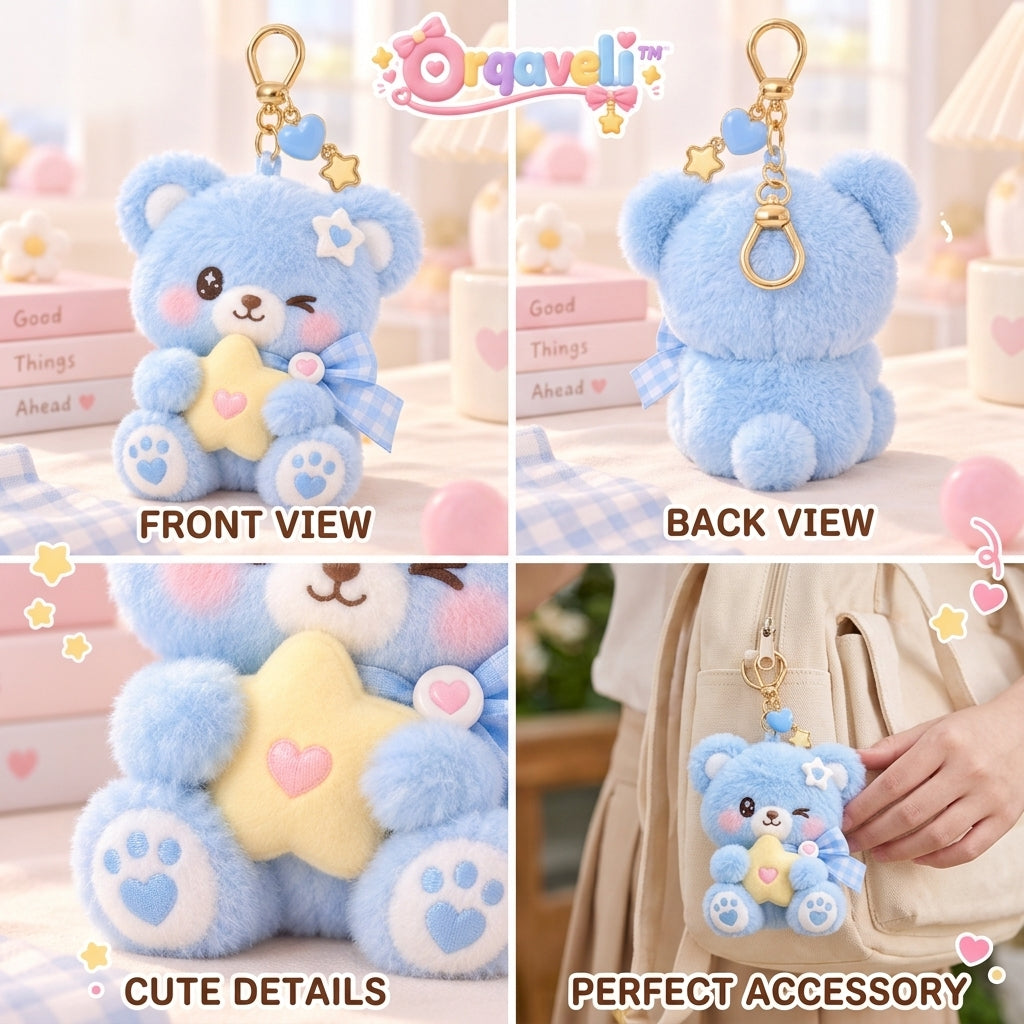 Orqaveli™ Baby Blue Winking Bear Plush Keychain – Cute Fluffy Bag Charm with Star Pillow &amp; Heart Paws