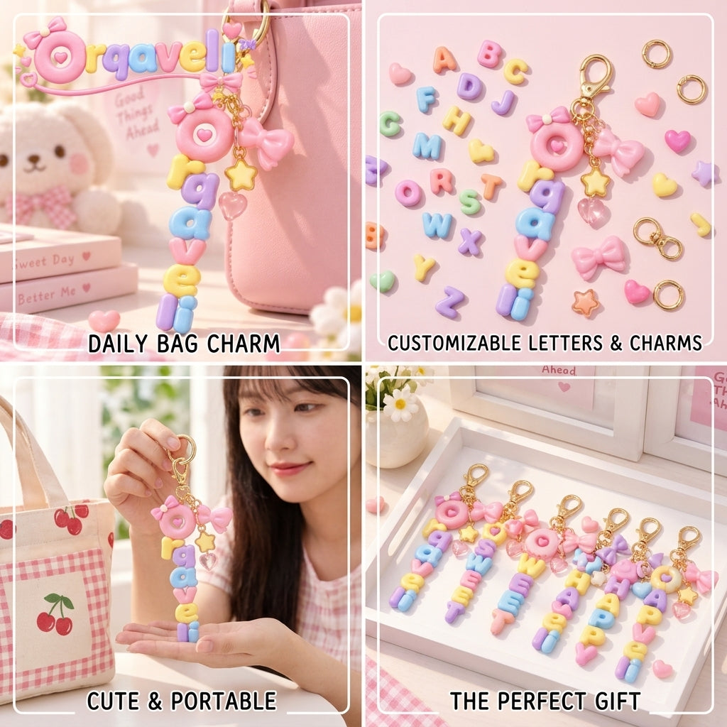 Orqaveli™ Cute Pastel Bag Charm Keychain – 3D Candy-Style Doughnut Letter Name Charm with Bow, Star &amp; Heart Accents for Purses and Backpacks
