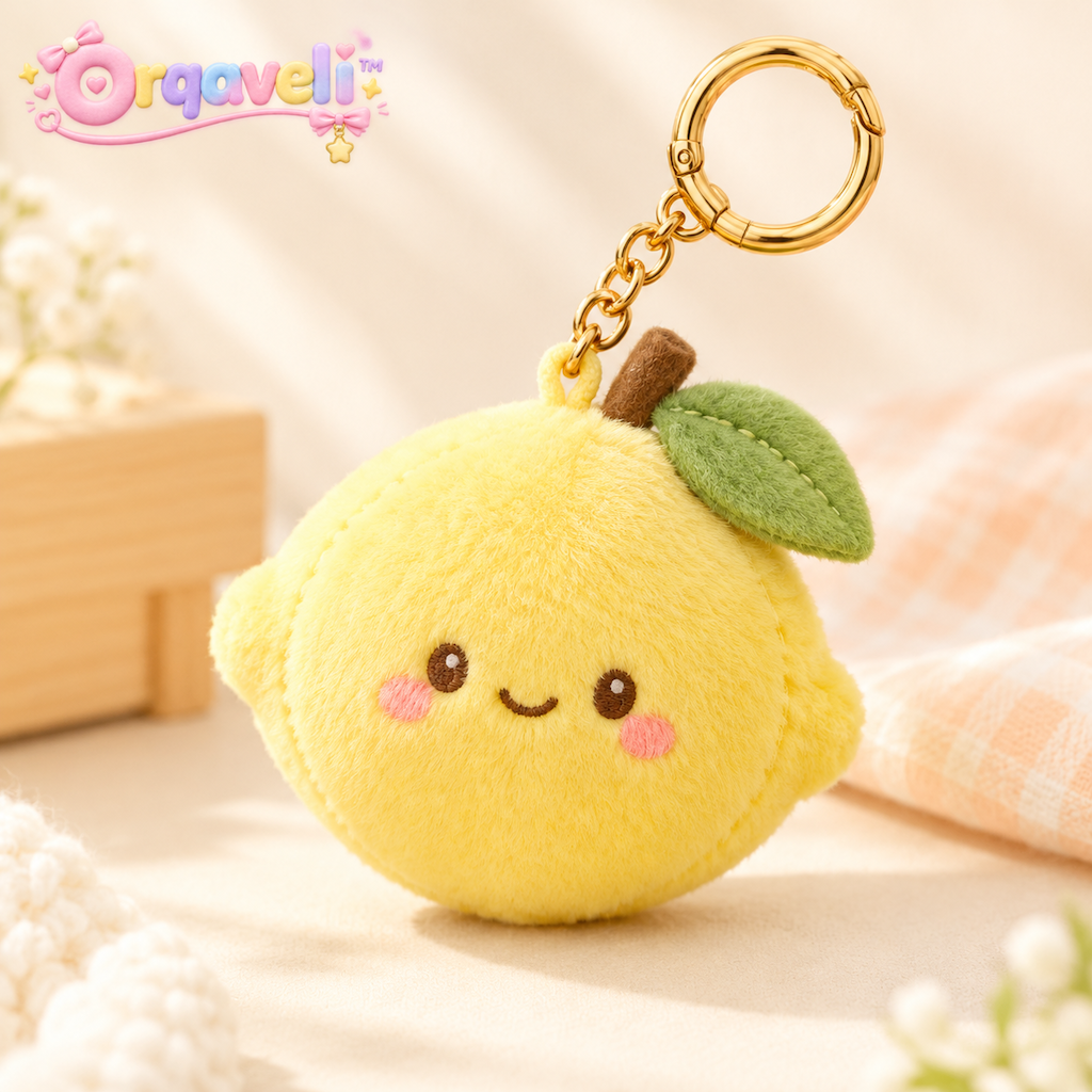 Orqaveli™ Cute Plush Lemon Keychain – Kawaii Stuffed Fruit Bag Charm with Gold Ring Clip