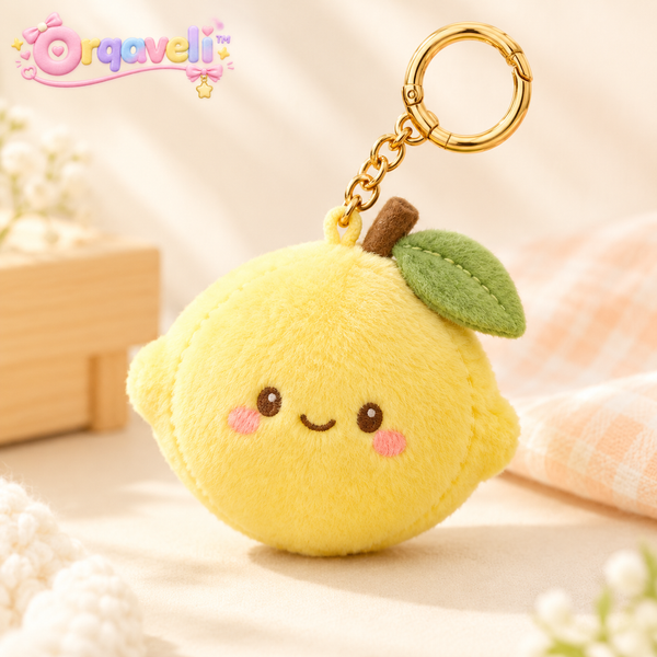 Orqaveli™ Cute Plush Lemon Keychain – Kawaii Stuffed Fruit Bag Charm with Gold Ring Clip
