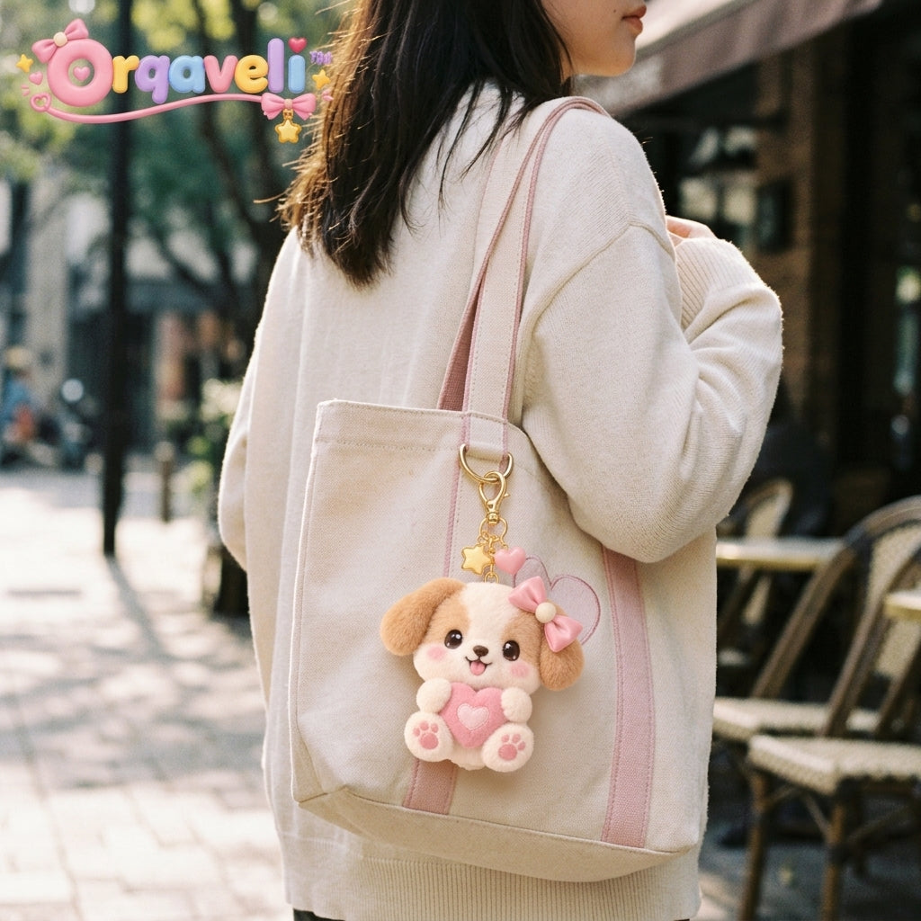 Orqaveli™ Fluffy Puppy Plush Bag Charm &amp; Keychain with Pink Bow &amp; Heart Accent