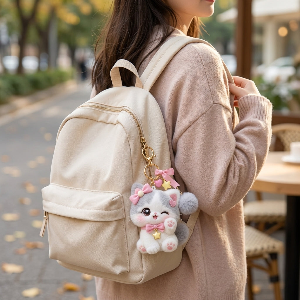 Orqaveli™ Fluffy Winking Kitty Plush Bag Charm &amp; Keychain with Pastel Pink Bows and Star Charms