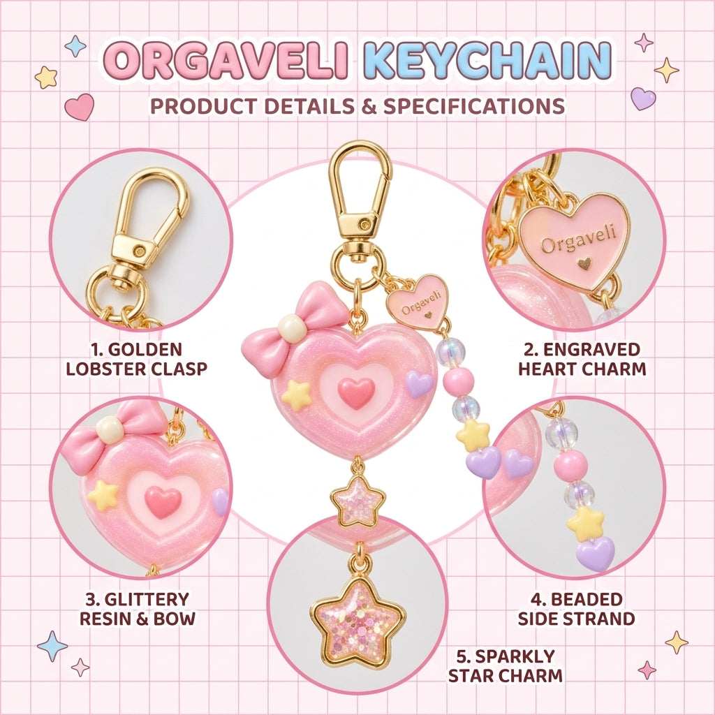 Orqaveli™ Pastel Pink Glitter Heart Bag Charm, Kawaii 3D Bow &amp; Beaded Keychain Accessory