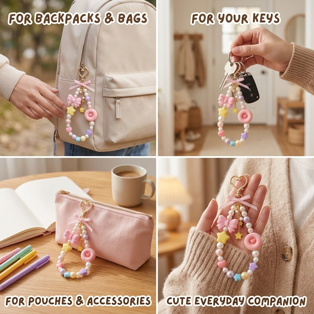 Orqaveli™ Aesthetic Pastel Beaded Bag Charm – Cute Donut, Bow &amp; Faux Pearl Keychain with Gold Heart Clasp