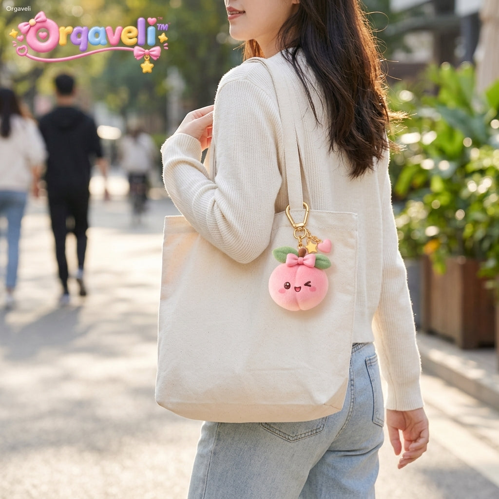 Orqaveli™ Kawaii Winking Peach Bag Charm – Soft Flocked Velvet Fruit Keychain with 3D Bow &amp; Dainty Charms