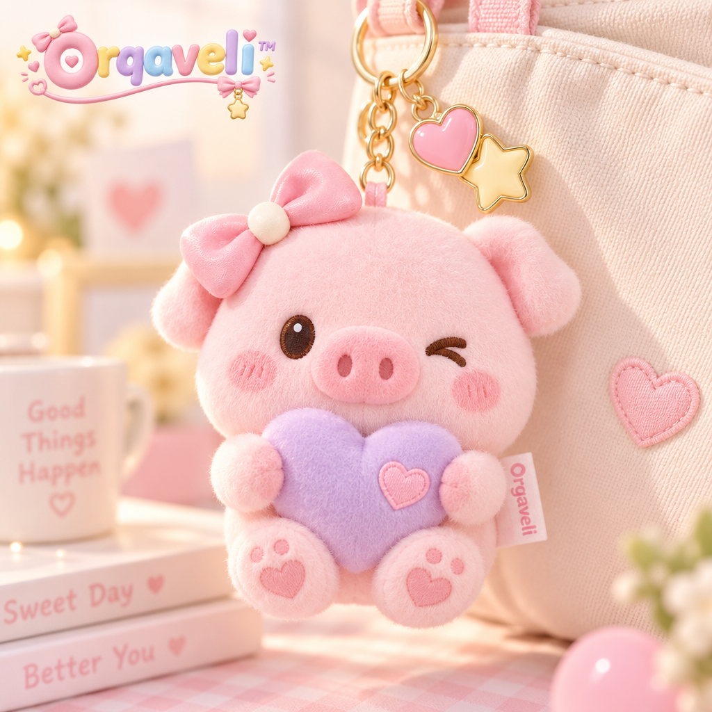Orqaveli™ Winking Piggy Plush Bag Charm – Cute Pastel Pink Pig Keychain with Lavender Heart &amp; Bow
