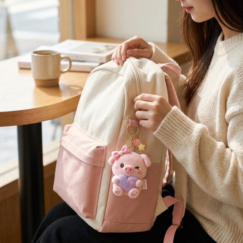Orqaveli™ Winking Piggy Plush Bag Charm – Cute Pastel Pink Pig Keychain with Lavender Heart &amp; Bow