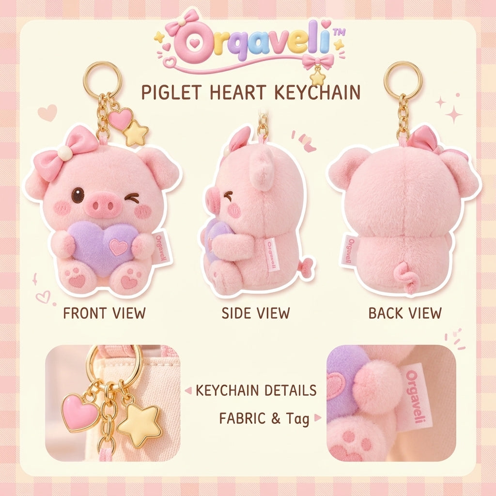 Orqaveli™ Winking Piggy Plush Bag Charm – Cute Pastel Pink Pig Keychain with Lavender Heart &amp; Bow