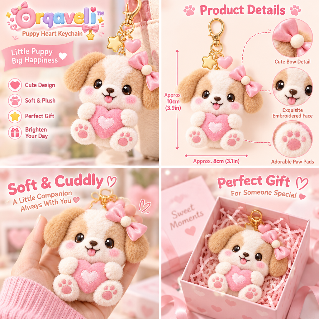Orqaveli™ Fluffy Puppy Plush Bag Charm &amp; Keychain with Pink Bow &amp; Heart Accent