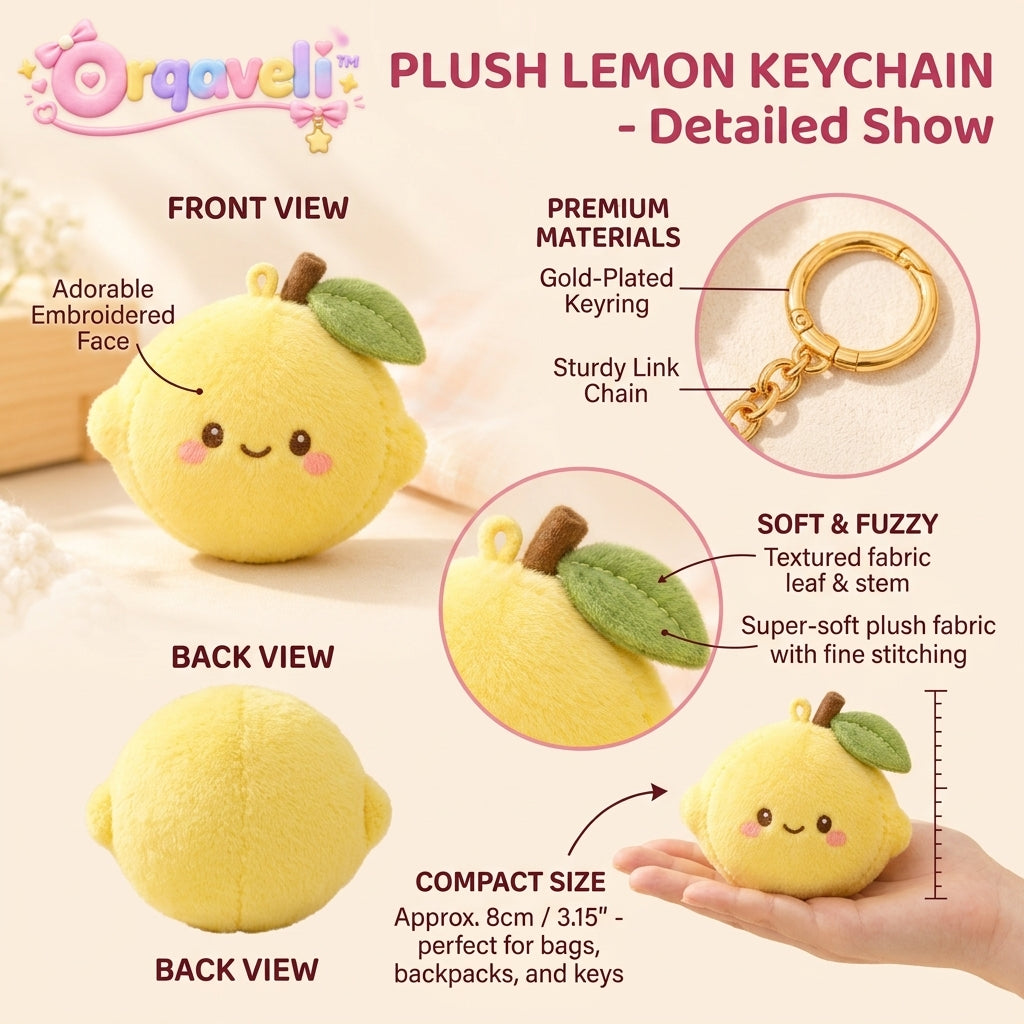 Orqaveli™ Cute Plush Lemon Keychain – Kawaii Stuffed Fruit Bag Charm with Gold Ring Clip