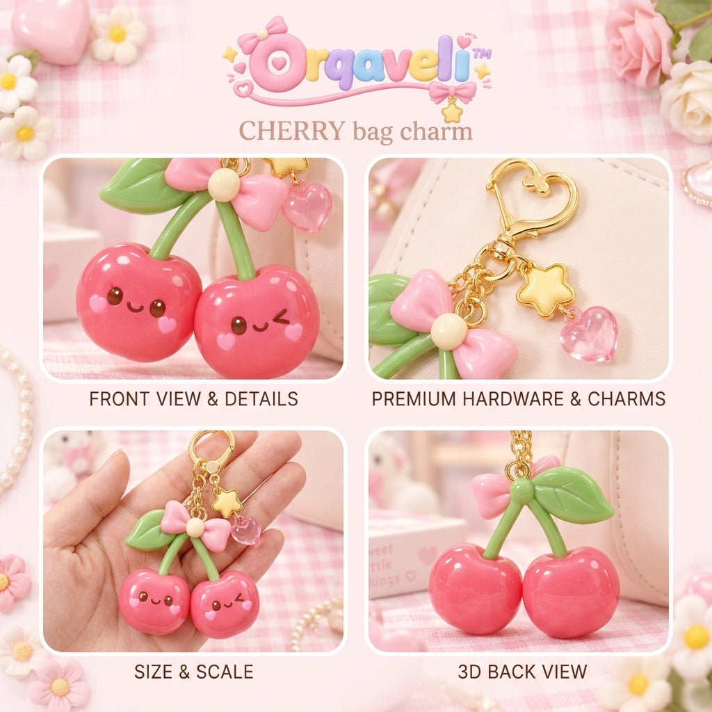 Orqaveli™ Kawaii Sweet Cherry Bag Charm – Cute Glossy Twin Cherry Keychain with Pink Bow, Star &amp; Heart Accents