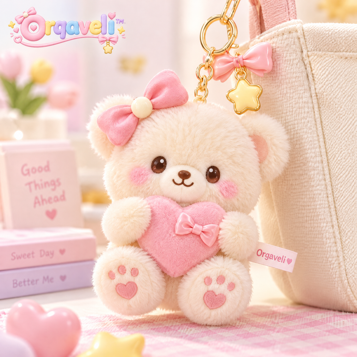 Orqaveli™ Fluffy Sweetheart Bear Bag Charm &amp; Keychain – Kawaii Pastel Plush with Heart &amp; Star Accents