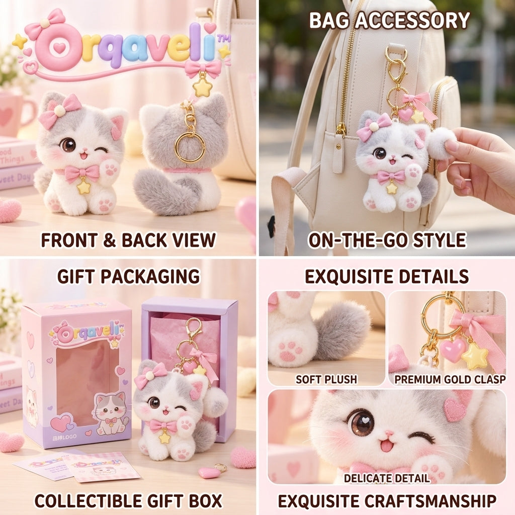 Orqaveli™ Fluffy Winking Kitty Plush Bag Charm &amp; Keychain with Pastel Pink Bows and Star Charms