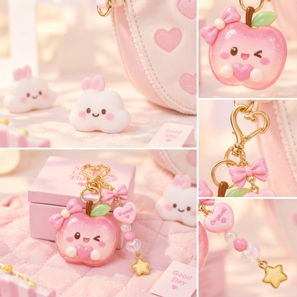 Orqaveli™ Kawaii Sparkle Pink Apple Bag Charm &amp; Keychain with Heart Clasp