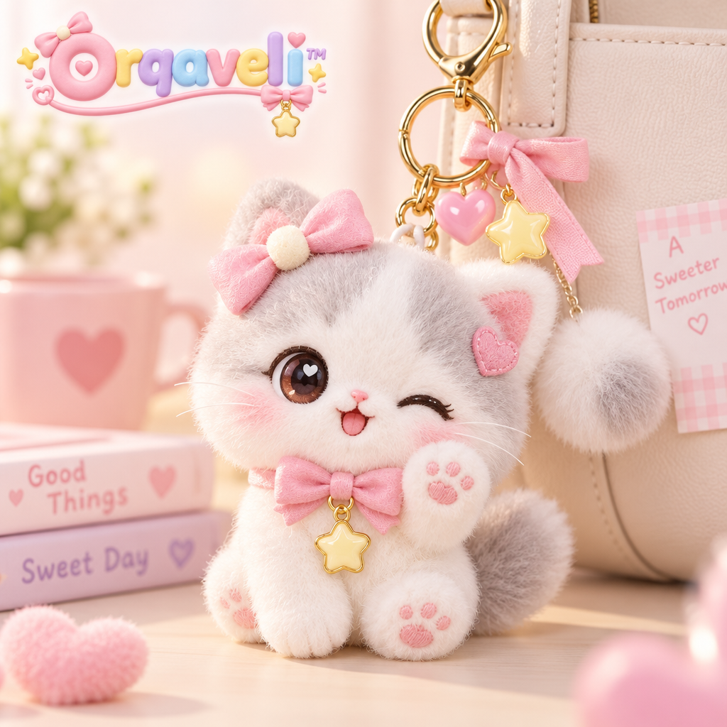 Orqaveli™ Fluffy Winking Kitty Plush Bag Charm &amp; Keychain with Pastel Pink Bows and Star Charms