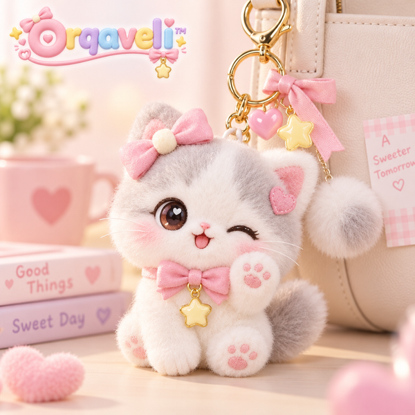 Orqaveli™ Fluffy Winking Kitty Plush Bag Charm &amp; Keychain with Pastel Pink Bows and Star Charms