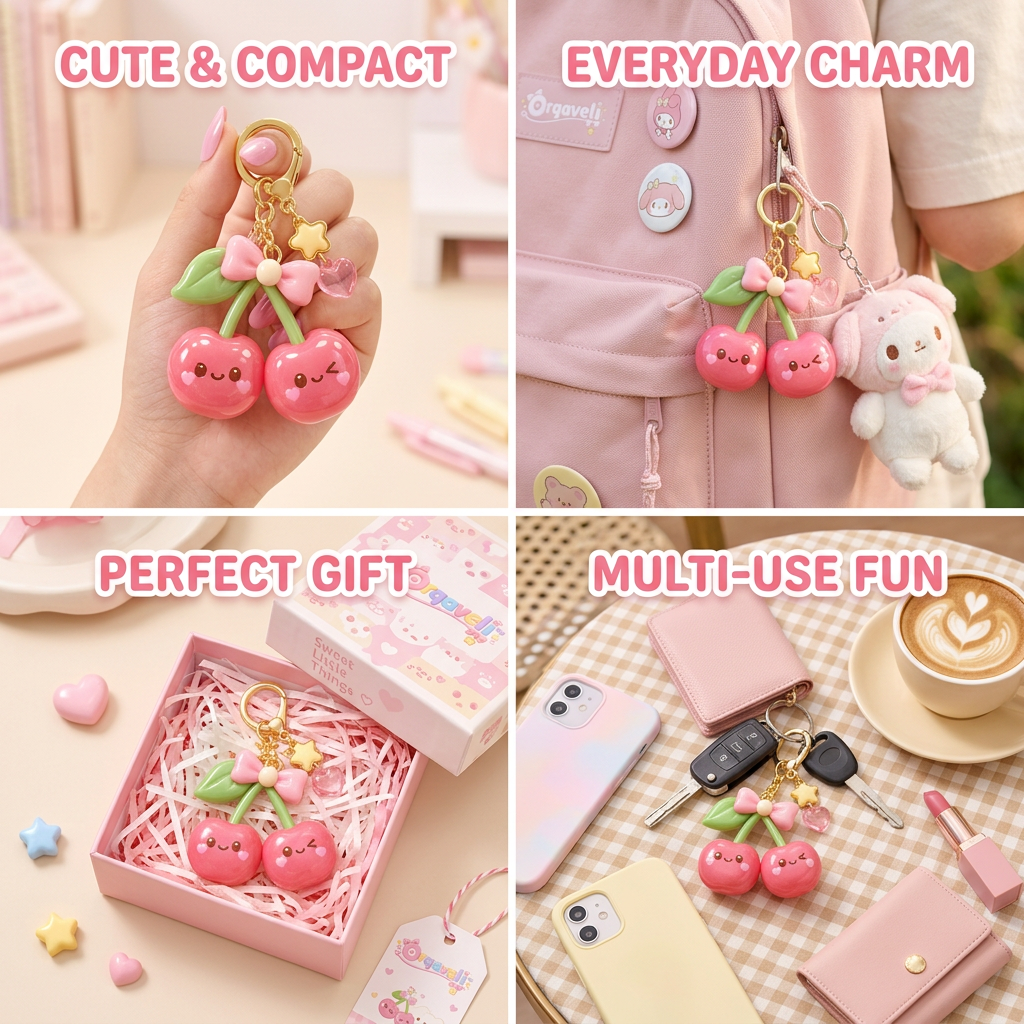 Orqaveli™ Kawaii Sweet Cherry Bag Charm – Cute Glossy Twin Cherry Keychain with Pink Bow, Star &amp; Heart Accents