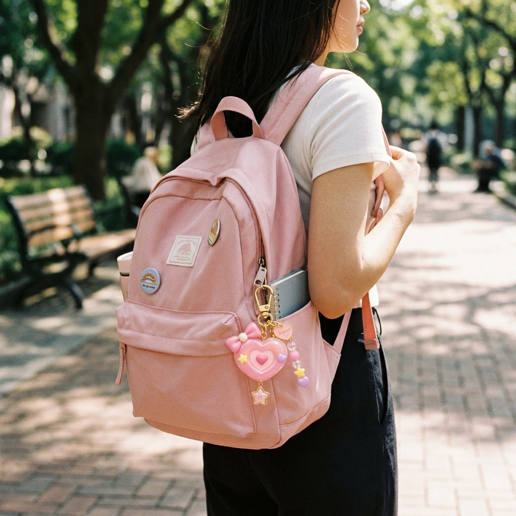 Orqaveli™ Pastel Pink Glitter Heart Bag Charm, Kawaii 3D Bow &amp; Beaded Keychain Accessory