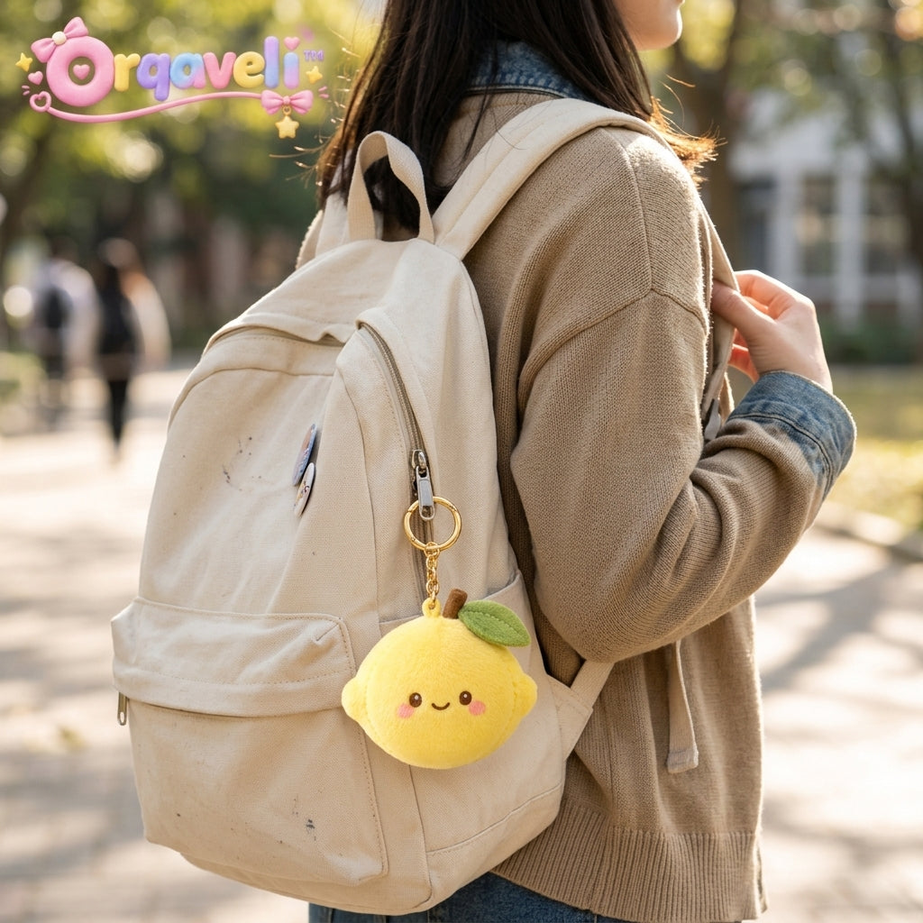 Orqaveli™ Cute Plush Lemon Keychain – Kawaii Stuffed Fruit Bag Charm with Gold Ring Clip