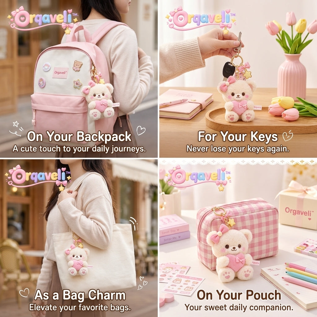 Orqaveli™ Fluffy Sweetheart Bear Bag Charm &amp; Keychain – Kawaii Pastel Plush with Heart &amp; Star Accents