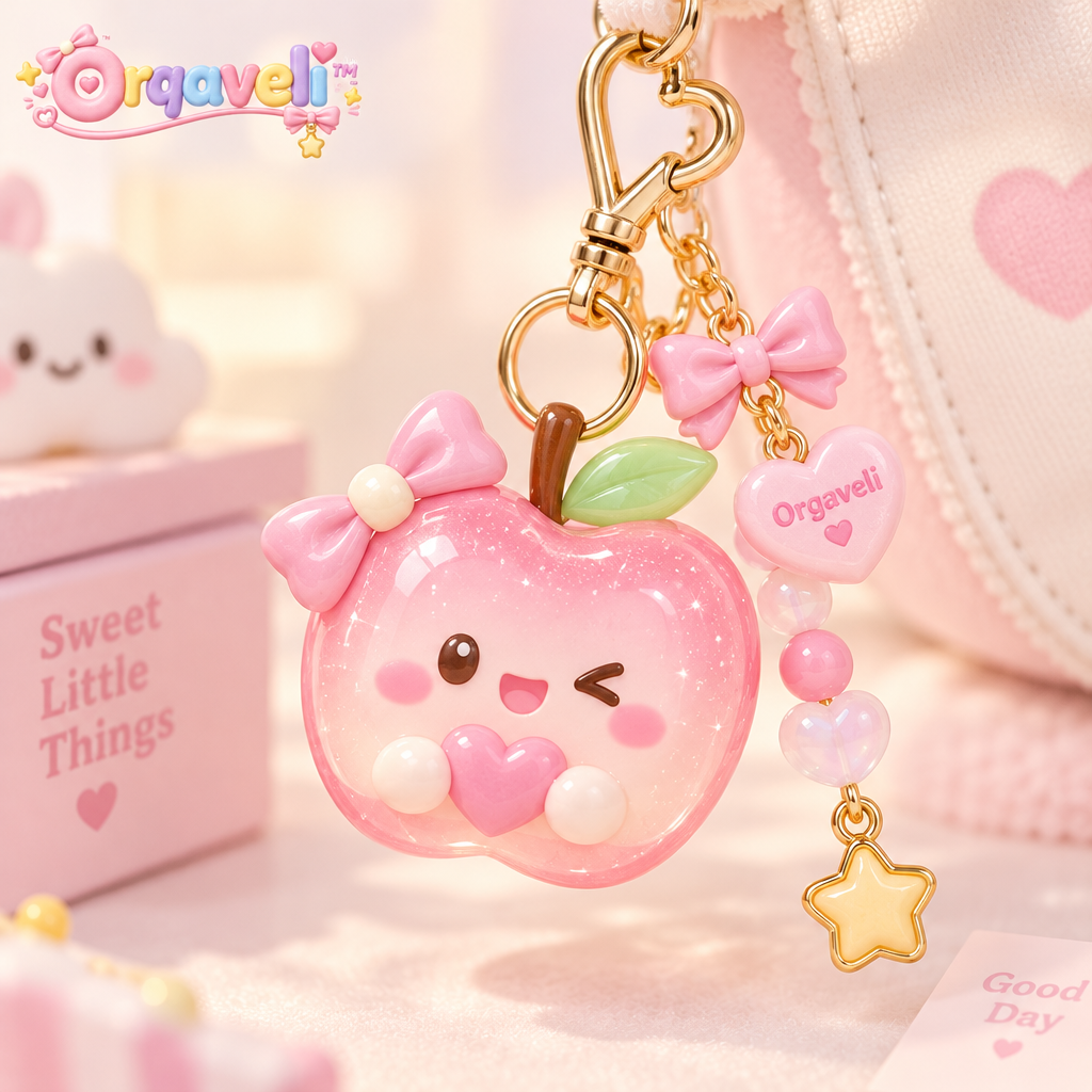 Orqaveli™ Kawaii Sparkle Pink Apple Bag Charm &amp; Keychain with Heart Clasp