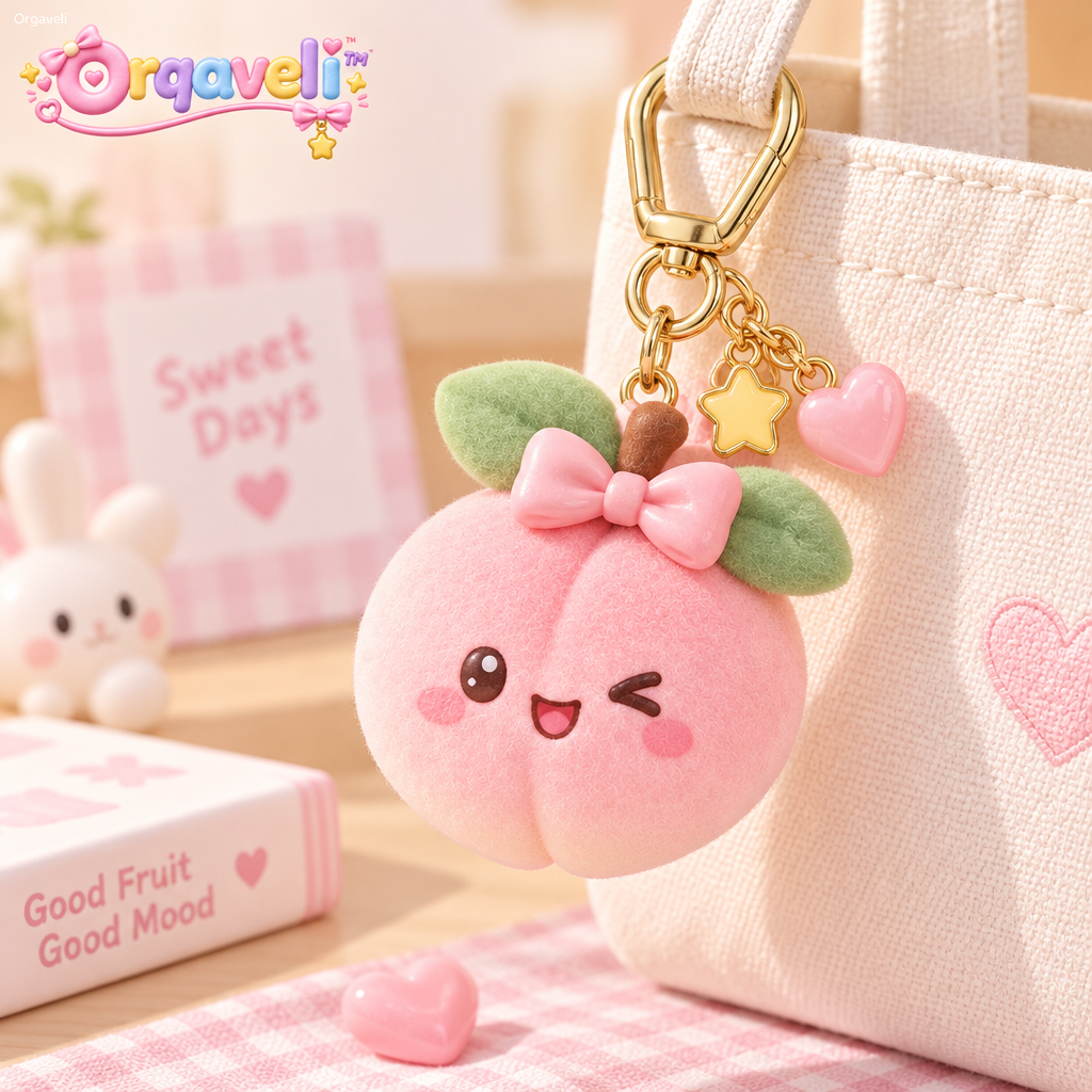 Orqaveli™ Kawaii Winking Peach Bag Charm – Soft Flocked Velvet Fruit Keychain with 3D Bow &amp; Dainty Charms