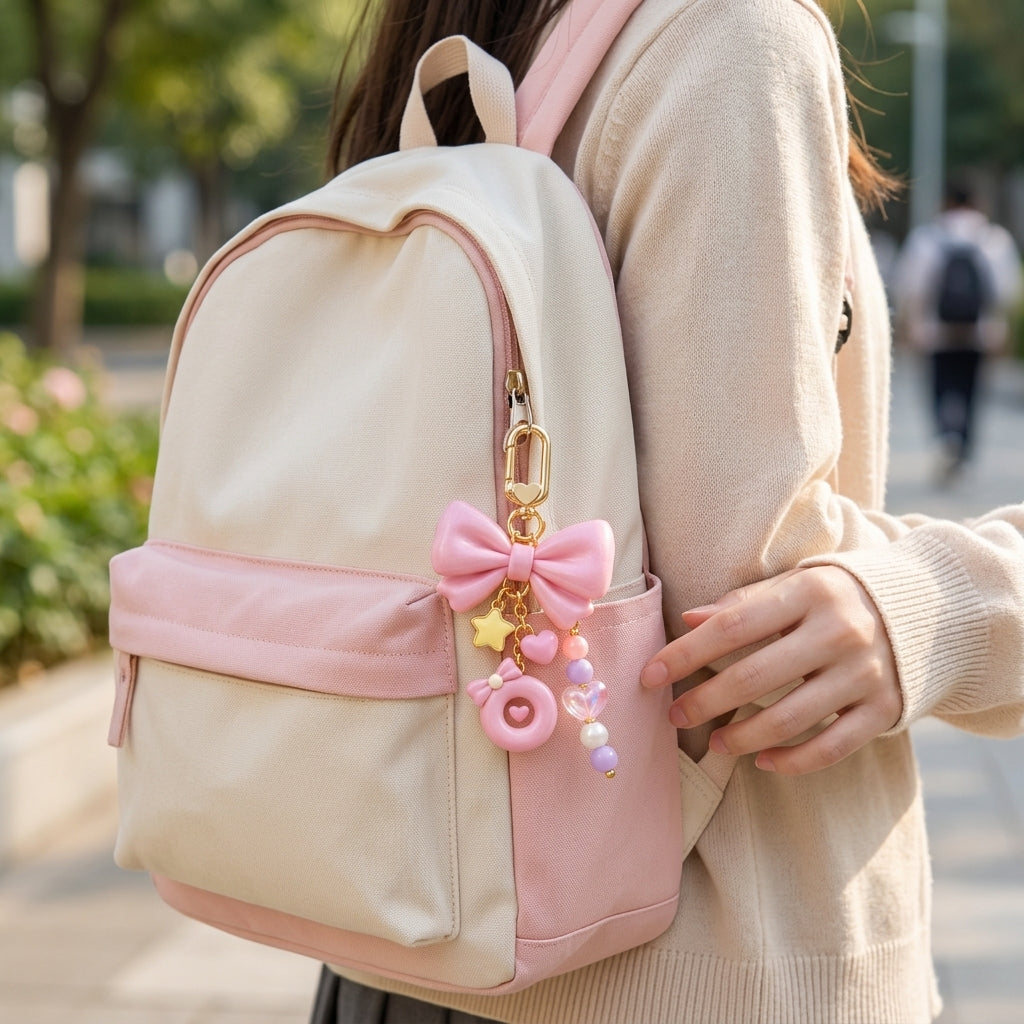 Orqaveli™ Kawaii Pastel Pink 3D Bow &amp; Donut Bag Charm Keychain