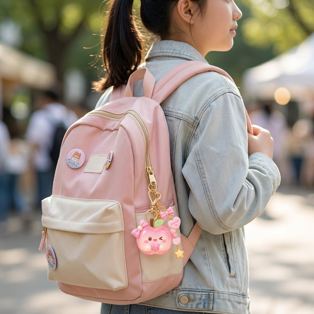 Orqaveli™ Kawaii Sparkle Pink Apple Bag Charm &amp; Keychain with Heart Clasp