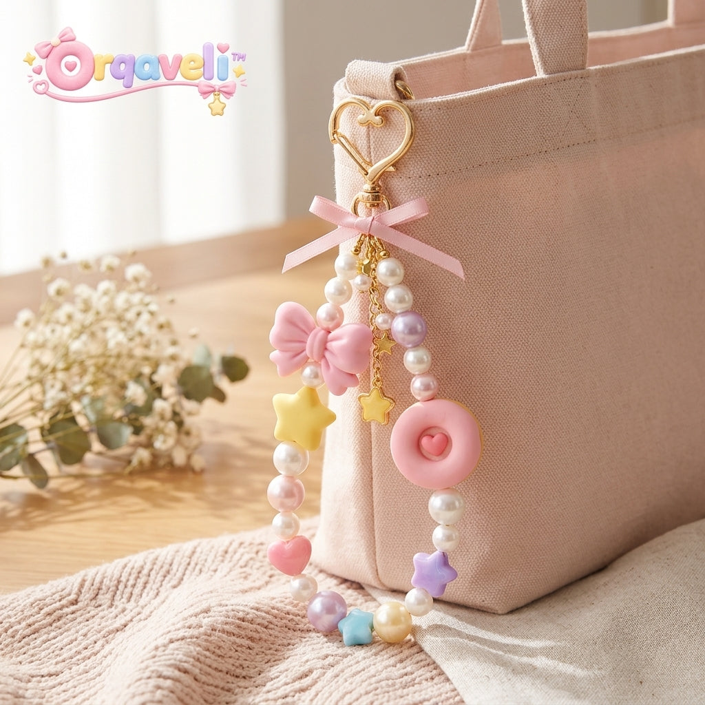 Orqaveli™ Aesthetic Pastel Beaded Bag Charm – Cute Donut, Bow &amp; Faux Pearl Keychain with Gold Heart Clasp