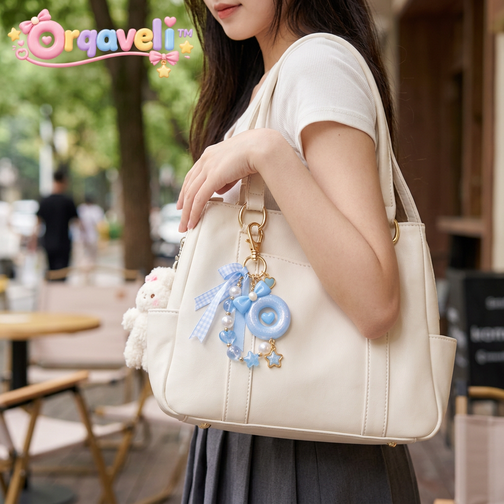 Orqaveli™ Pastel Blue Donut &amp; Gingham Ribbon Beaded Bag Charm Keychain