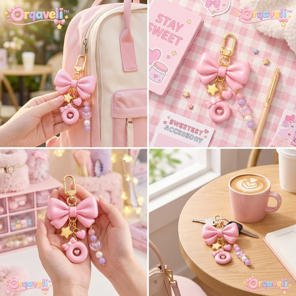 Orqaveli™ Kawaii Pastel Pink 3D Bow &amp; Donut Bag Charm Keychain
