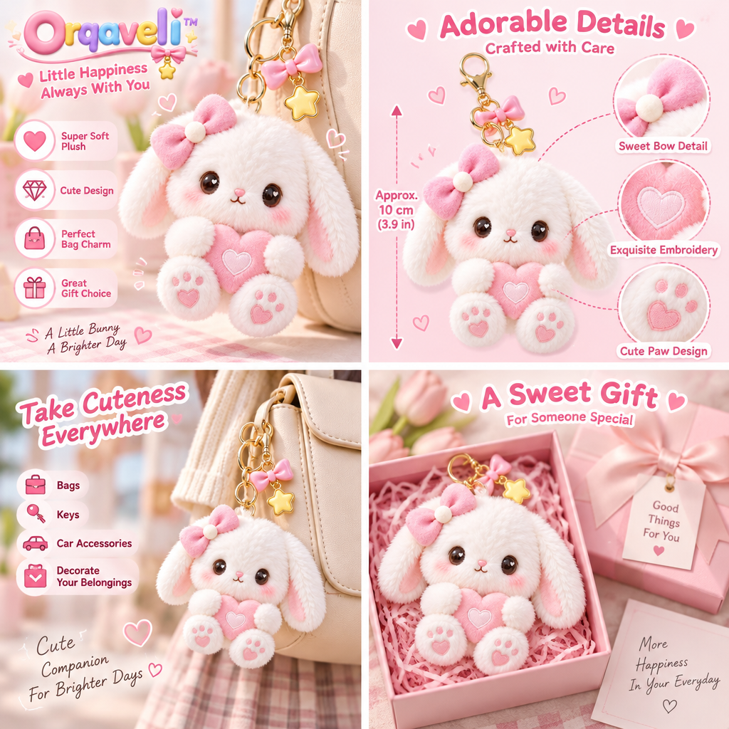 Orqaveli™ Fluffy Sweetheart Bunny Plush Keychain &amp; Bag Charm