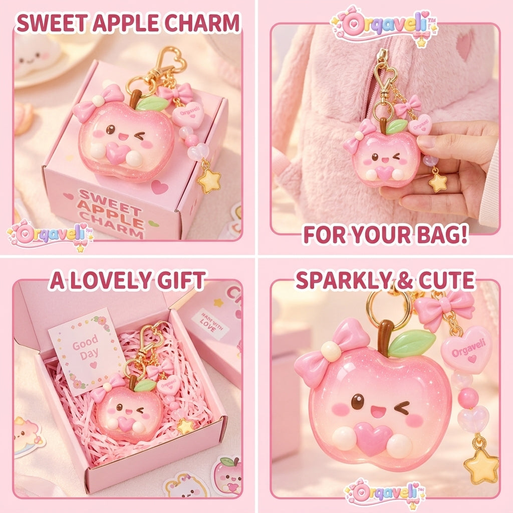 Orqaveli™ Kawaii Sparkle Pink Apple Bag Charm &amp; Keychain with Heart Clasp