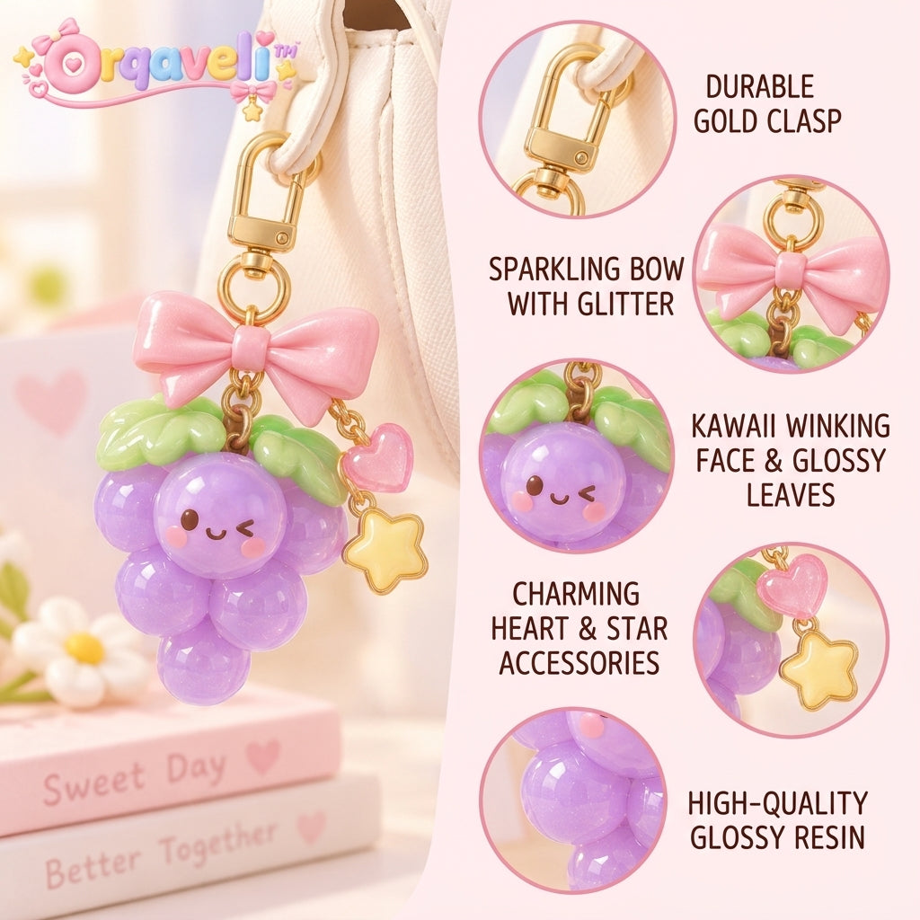 Orqaveli™ Sweet Grape Bag Charm – Kawaii Fruit Keychain with Sparkling Pink Bow, Heart &amp; Star Charm