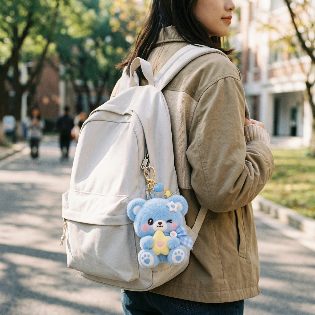Orqaveli™ Baby Blue Winking Bear Plush Keychain – Cute Fluffy Bag Charm with Star Pillow &amp; Heart Paws