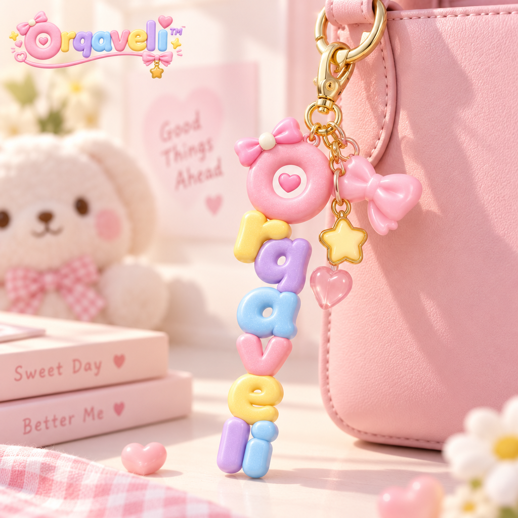 Orqaveli™ Cute Pastel Bag Charm Keychain – 3D Candy-Style Doughnut Letter Name Charm with Bow, Star &amp; Heart Accents for Purses and Backpacks