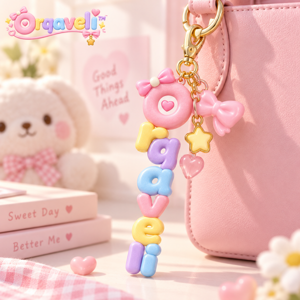 Orqaveli™ Cute Pastel Bag Charm Keychain – 3D Candy-Style Doughnut Letter Name Charm with Bow, Star &amp; Heart Accents for Purses and Backpacks