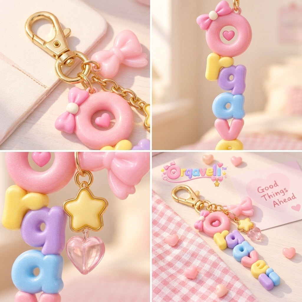 Orqaveli™ Cute Pastel Bag Charm Keychain – 3D Candy-Style Doughnut Letter Name Charm with Bow, Star &amp; Heart Accents for Purses and Backpacks