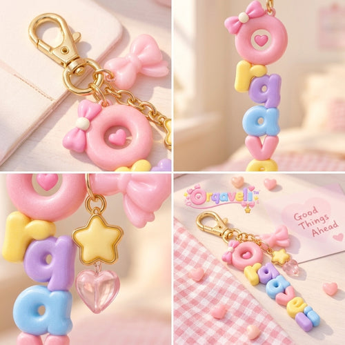 Orqaveli™ Cute Pastel Bag Charm Keychain – 3D Candy-Style Doughnut Letter Name Charm with Bow, Star &amp; Heart Accents for Purses and Backpacks