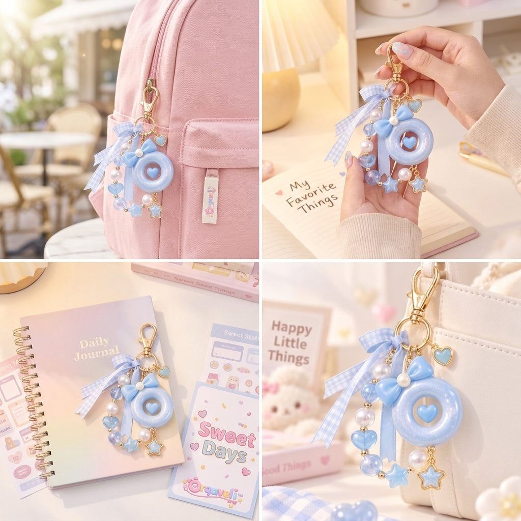 Orqaveli™ Pastel Blue Donut &amp; Gingham Ribbon Beaded Bag Charm Keychain