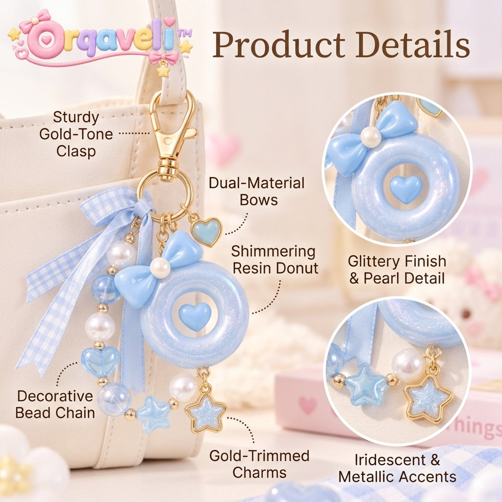 Orqaveli™ Pastel Blue Donut &amp; Gingham Ribbon Beaded Bag Charm Keychain