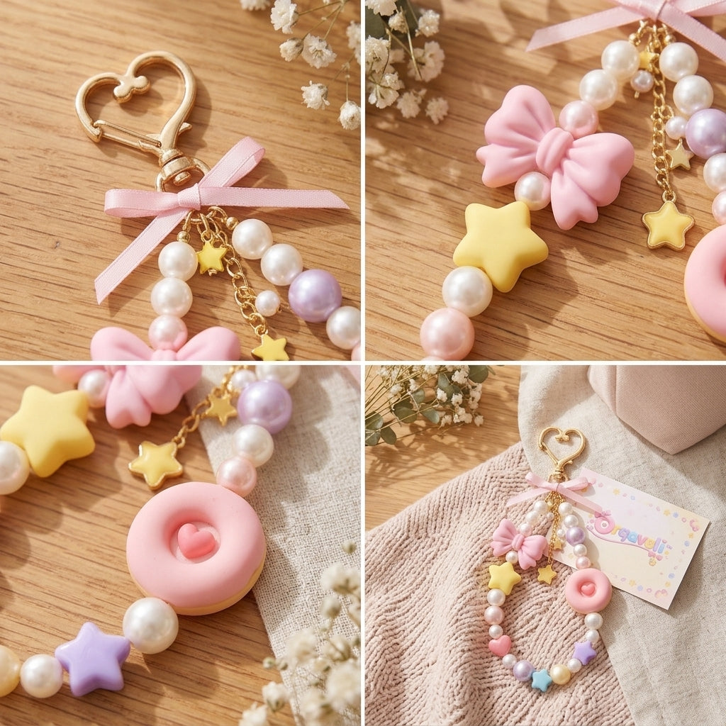 Orqaveli™ Aesthetic Pastel Beaded Bag Charm – Cute Donut, Bow &amp; Faux Pearl Keychain with Gold Heart Clasp