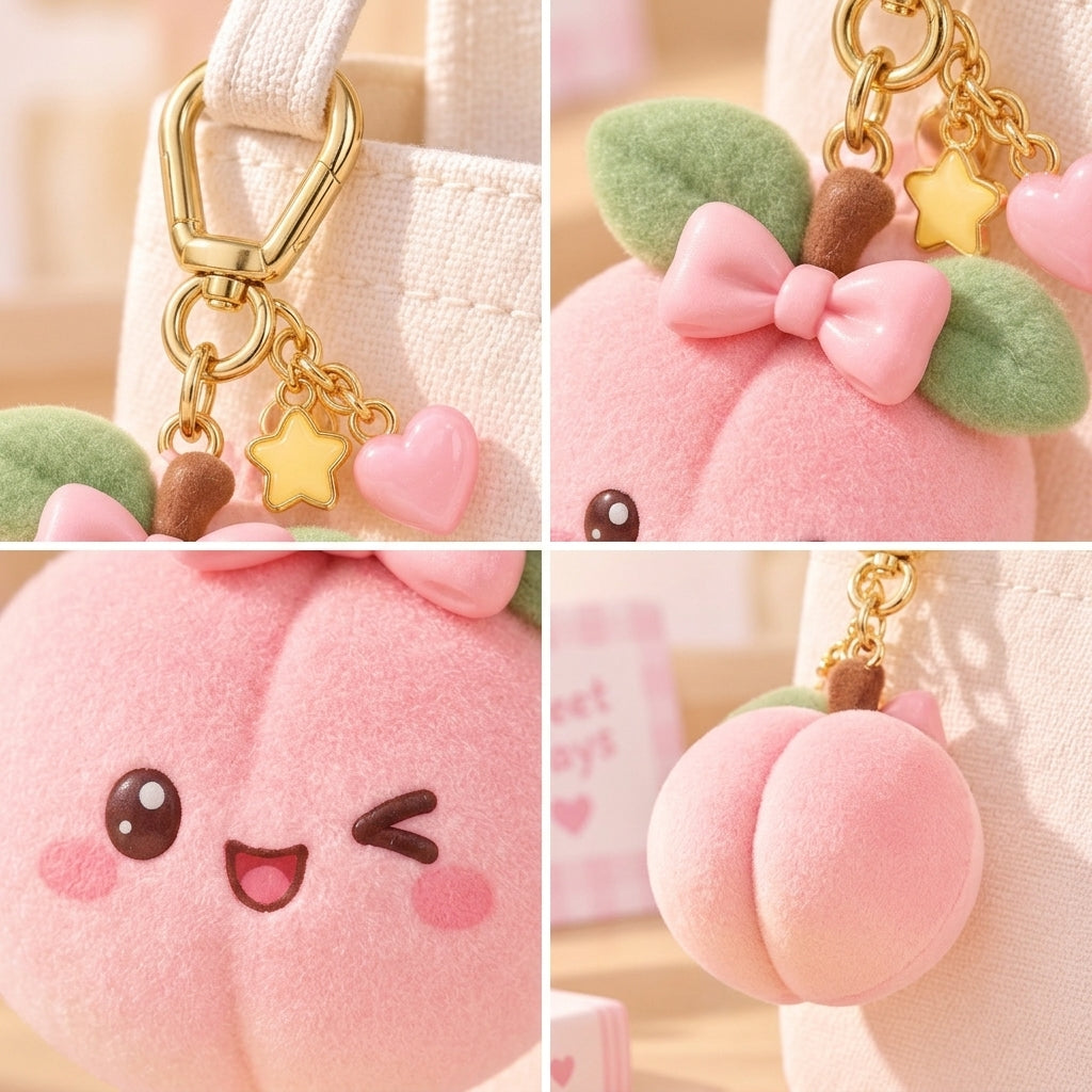 Orqaveli™ Kawaii Winking Peach Bag Charm – Soft Flocked Velvet Fruit Keychain with 3D Bow &amp; Dainty Charms