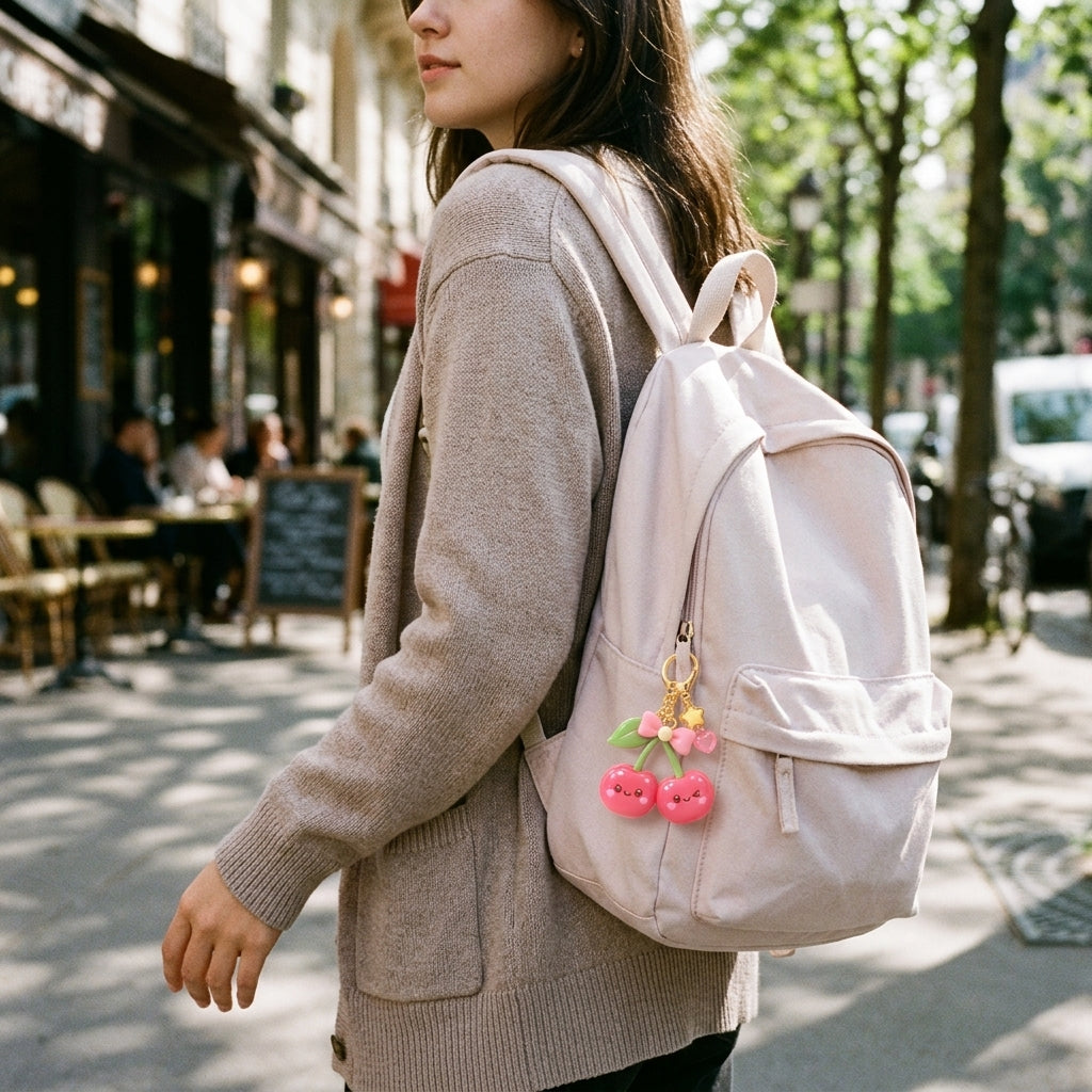 Orqaveli™ Kawaii Sweet Cherry Bag Charm – Cute Glossy Twin Cherry Keychain with Pink Bow, Star &amp; Heart Accents